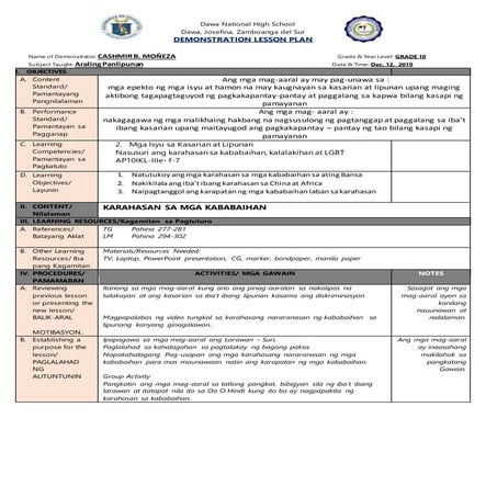 karahasan sa kababaihan demo lesson plan