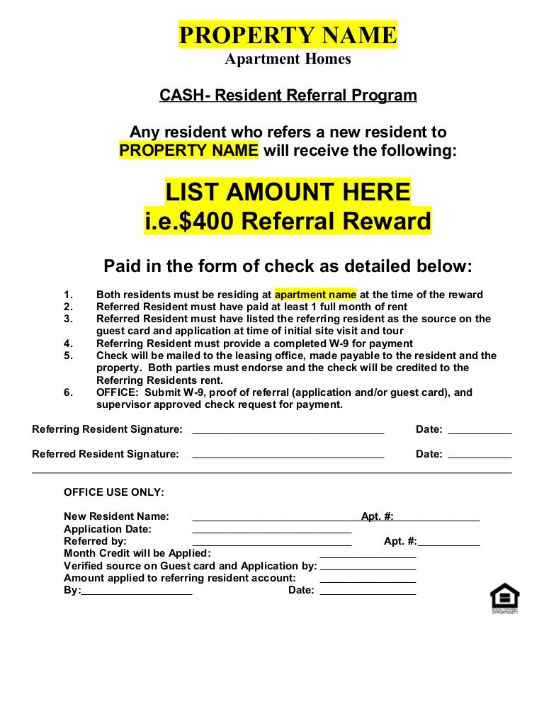 resident referral form cash