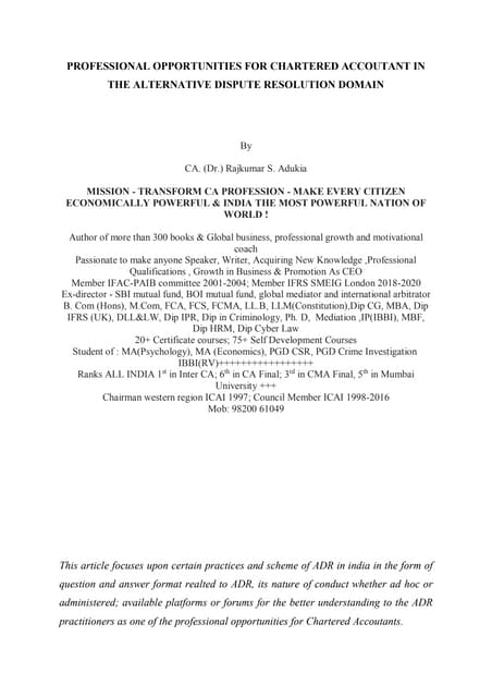 PROFESSIONAL OPPORTUNITIES FOR CHARTERED ACCOUTANT IN THE ALTERNATIVE DISPUTE...