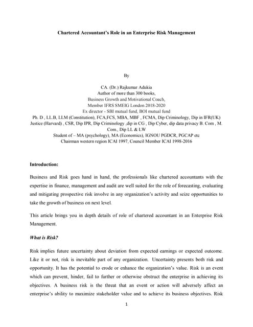 Chartered Accountant’s Role in an Enterprise Risk Management