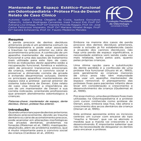 Mantenedor de Espaço Estético-Funcional em Odontopediatria - Prótese Fixa de Denari - Relato de Caso Clínico | Descrição de caso - FFO