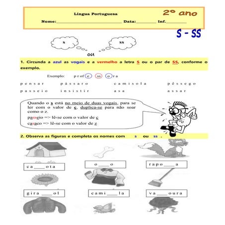 ficha de trabalho de português  - caso_s_ss 2.º ano
