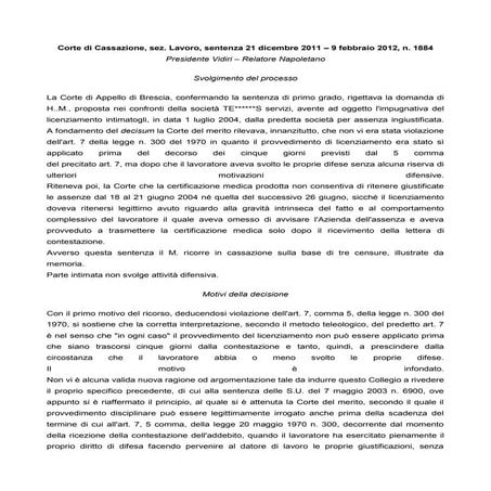 Cass. civ.  1884 2012  licenziam disciplin ante 5 gg