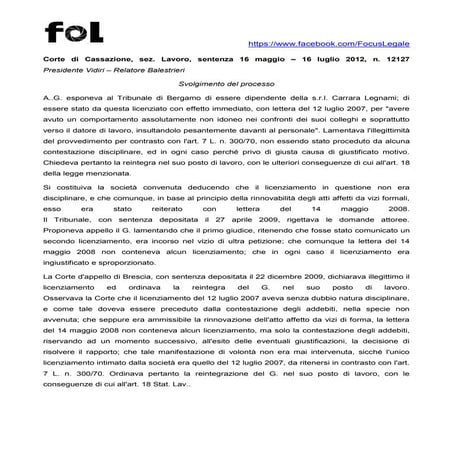 Cass civ. sez lav. n. 12127 del 12.7.2012 