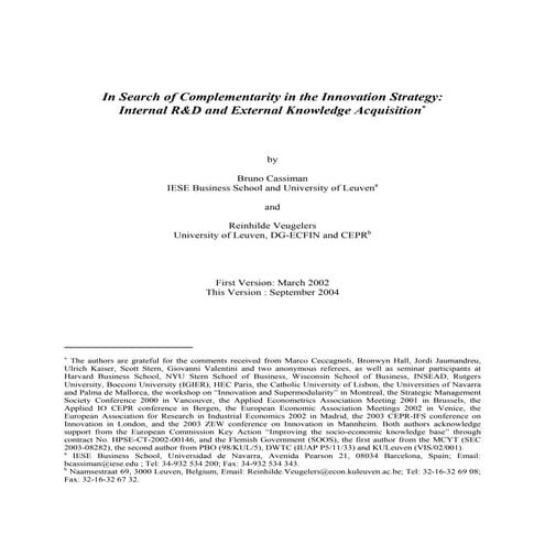 Cassiman in search of complementarity in the innovation strategy