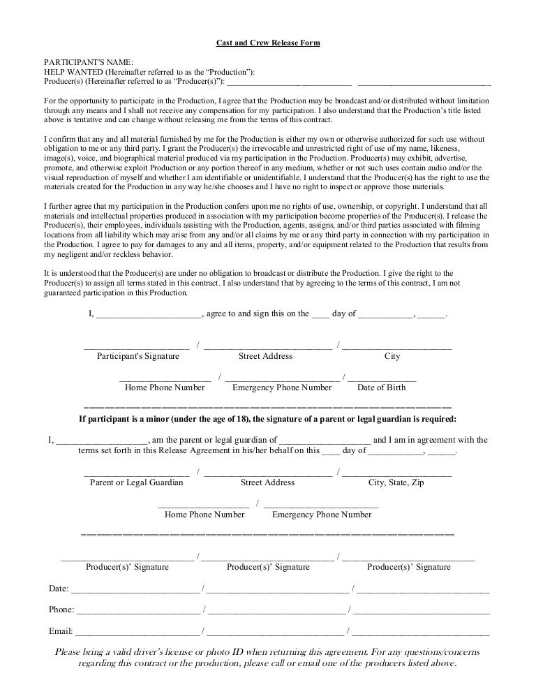 Cast And Crew Release Form