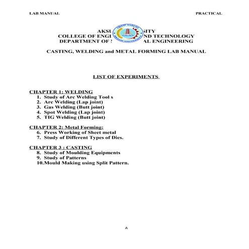 Casting,welding and metal forming lab manual