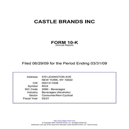 Q2 2009 Earning Report of Castle Brands