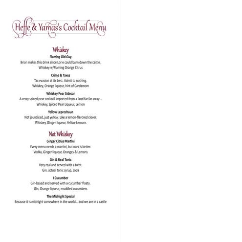 Castle Cocktail Menu