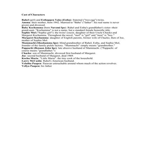 Cast Of  Characters God Of Small Things