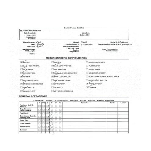 CAT 140H APM01277 MOTOR GRADER INSPECTION REPORT | PDF