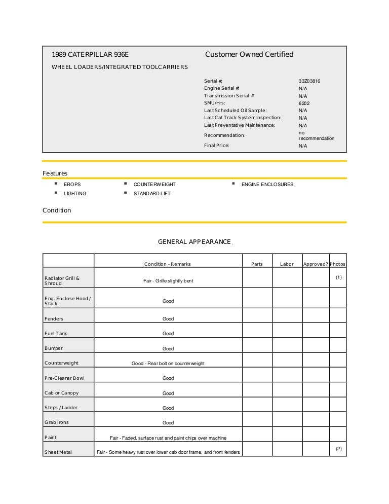 CAT 936E 33Z03816 WHEEL LOADER INSPECTION REPORT