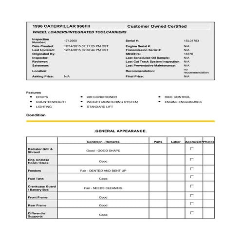 CAT 966 E 99Y05701 WHEEL LOADER INSPECTION REPORT | PDF
