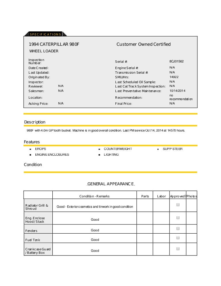 CAT 980F 8CJ01562 WHEEL LOADER INSPECTION REPORT