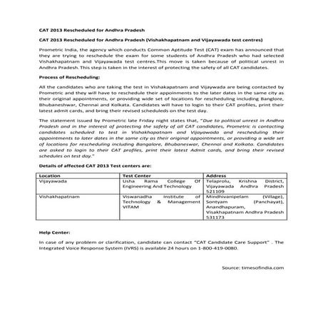 Cat 2013 rescheduled for andhra pradesh