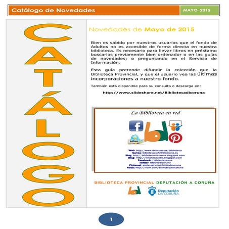 Catálogo de novedades mayo 2015. Biblioteca Provincial A Coruña