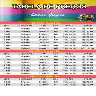 Catalogo de preços jr gráfica