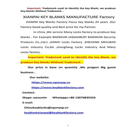 KEY BLANKS Xianpai Catalog Manufacturers in yiwu china | PDF