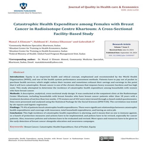 Catastrophic Health Expenditure among Females with Breast Cancer in Radioisotope Centre Khartoum: A Cross-Sectional Facility-Based Study