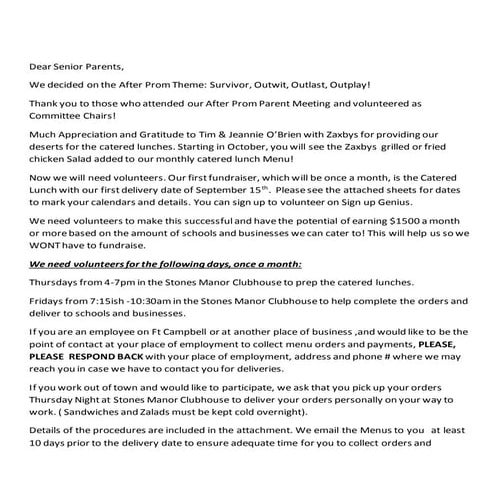 Catered lunch volunteers letter