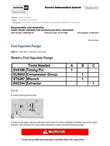 Caterpillar Cat 623F Wheel Tractor (Prefix 6BK) Service Repair Manual (6BK000...