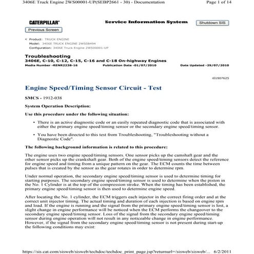 Caterpillar engine speed timing sensor circuit  test