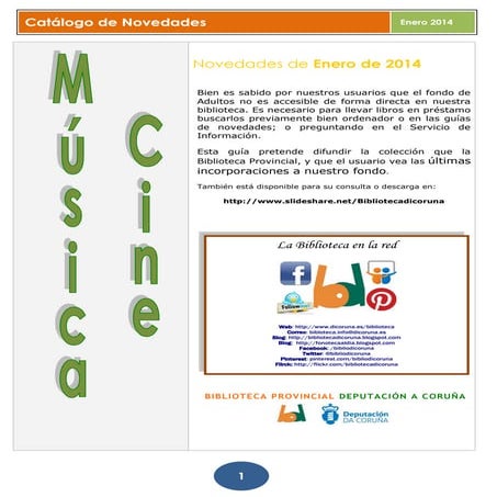 Catálogo de música y cine enero. Biblioteca Provincial da Coruña