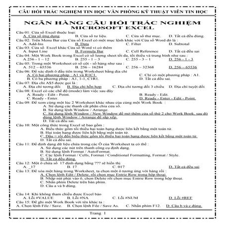 Câu hỏi trắc nghiệm Microsoft Excel