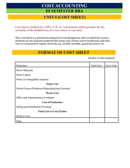 Cost Accounting: Unit-5 Cost Sheet Questions & Answers