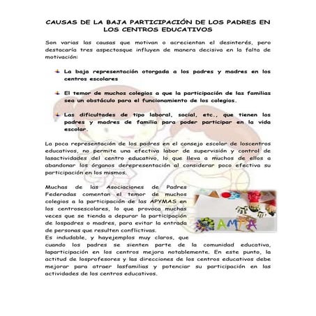 Causas de la baja participación de los padres en los centros educativos