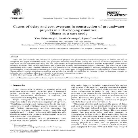Causes of delay and cost overruns in construction of groundwater projects in ...