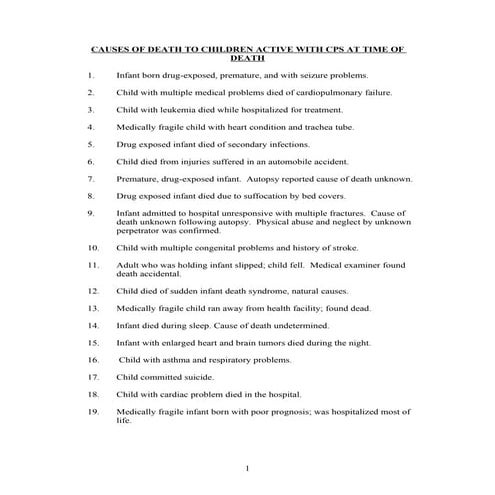 Causes of death of Hawaii Foster children