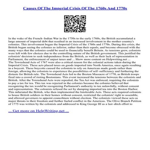 Causes Of The Imperial Crisis Of The 1760S And 1770S