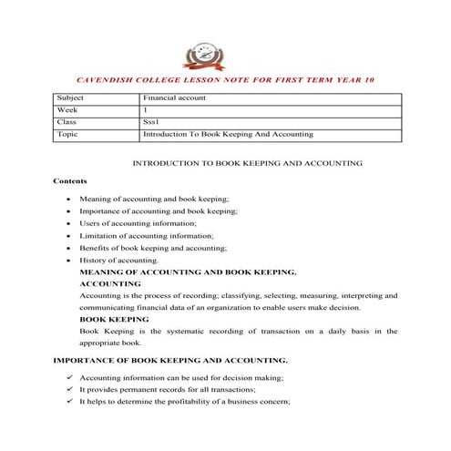 CAVENDISH COLLEGE LESSON NOTE FOR FINANCIAL ACCOUNTING FOR FIRST ...