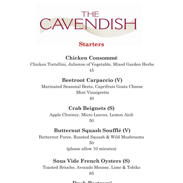 Cavendish Dinner Menu 2015