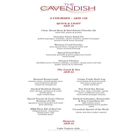 Cavendish Lunch Menu 2015