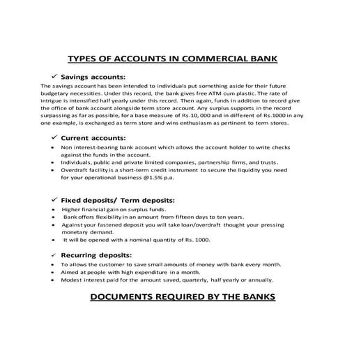 TYPES OF ACCOUNTS AND DOCUMENTS REQUIRED BY BANK