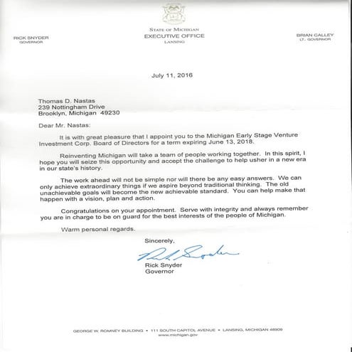 Nastas Appointment by Michigan Governor R. Snyder, Early Stage Investment Corp