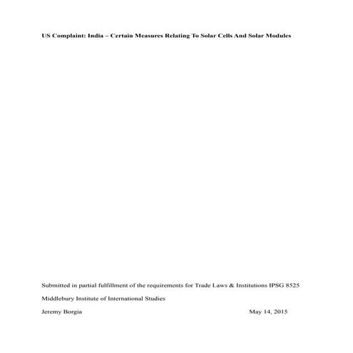 US Complaint: India – Certain Measures Relating to Solar Cells and Solar Modu...