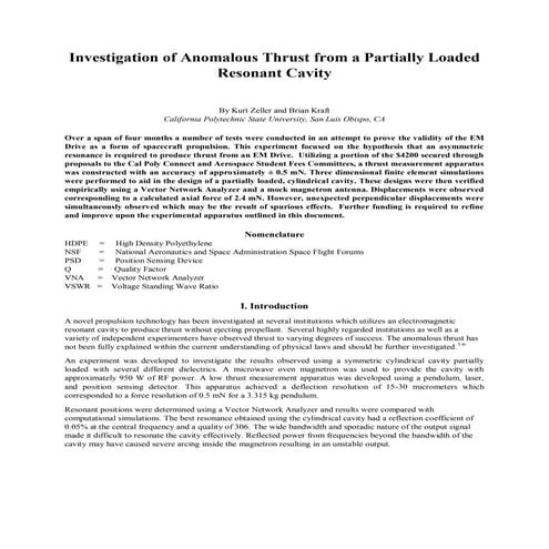 Investigation of Anomalous Thrust from a Partially Loaded Resonant Cavity