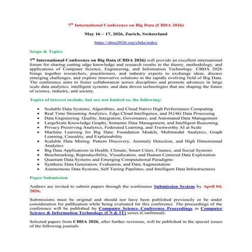 7th International Conference on Big Data (CBDA 2026) | PDF