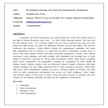 Developing Leadership and Talent for Organizational Performance