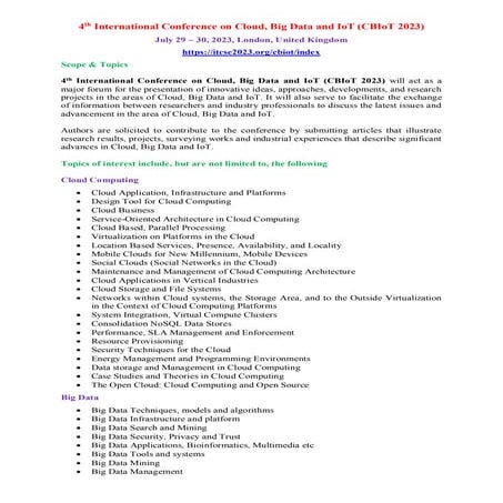 4th International Conference on Cloud, Big Data and IoT (CBIoT 2023)