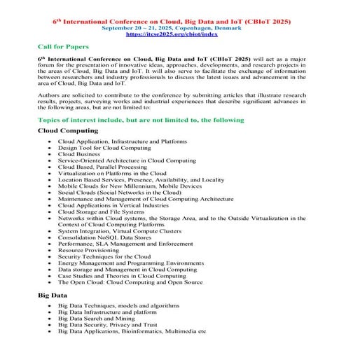6th International Conference on Cloud, Big Data and IoT (CBIoT 2025)