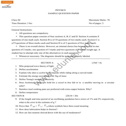 Class 11 Cbse Physics Sample Paper Model 1