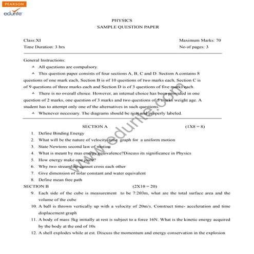 Class 11 Cbse Physics Sample Paper Model 2 
