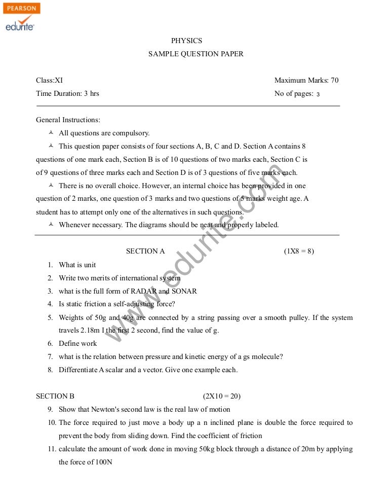 Class 11 Cbse Physics Sample Paper Model 3