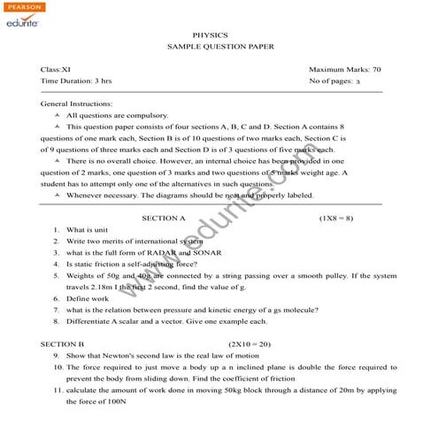 Class 11 Cbse Physics Sample Paper Model 3 