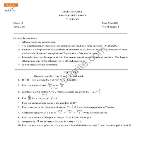 Cbse 12 Class Maths Sample Papers Model 4 