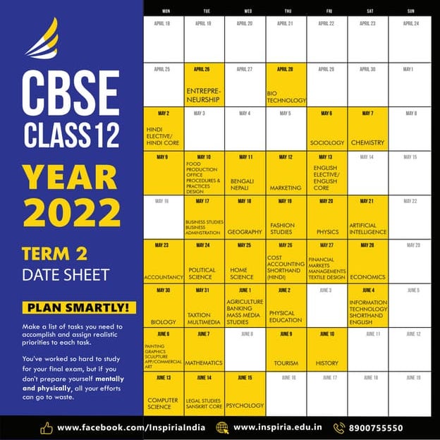 CBSE 12 Term 2 2022 datesheet2022 PDF